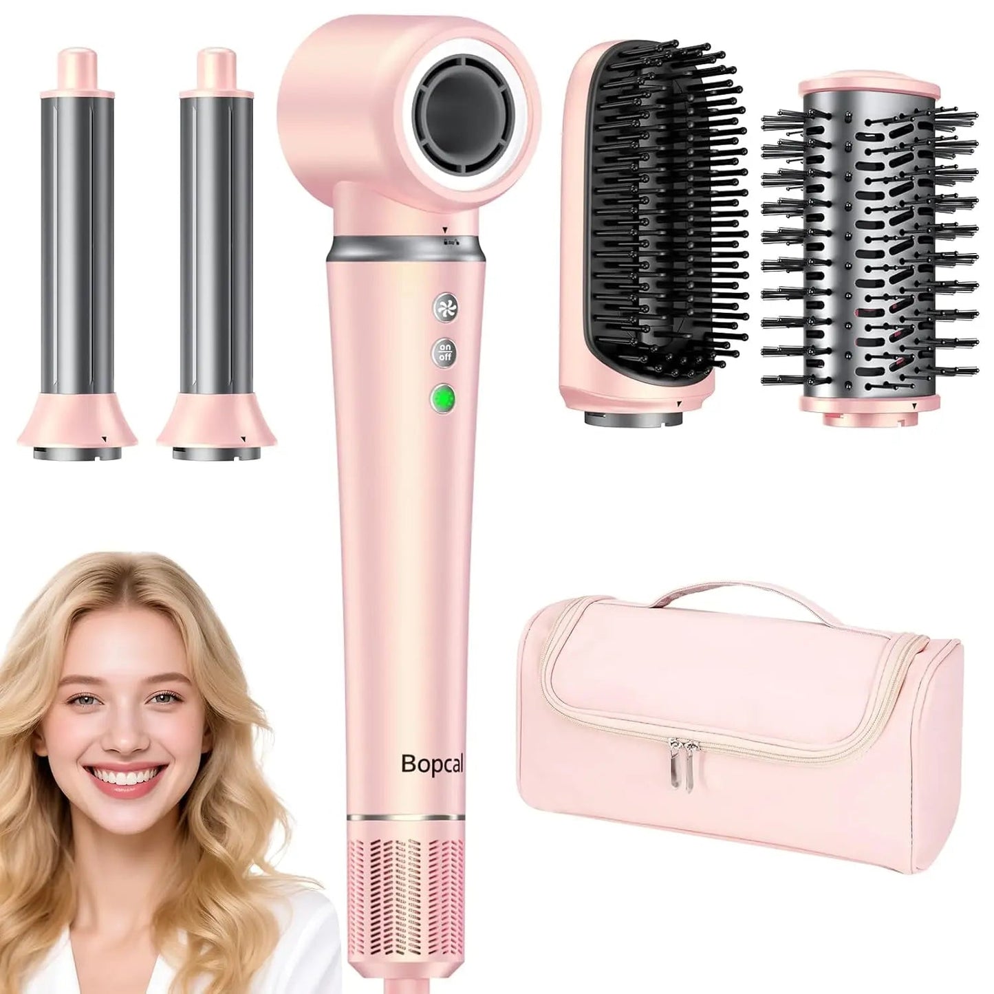 Pink hair dryer with attachments and travel case for styling, curling, and drying hair at home or on the go