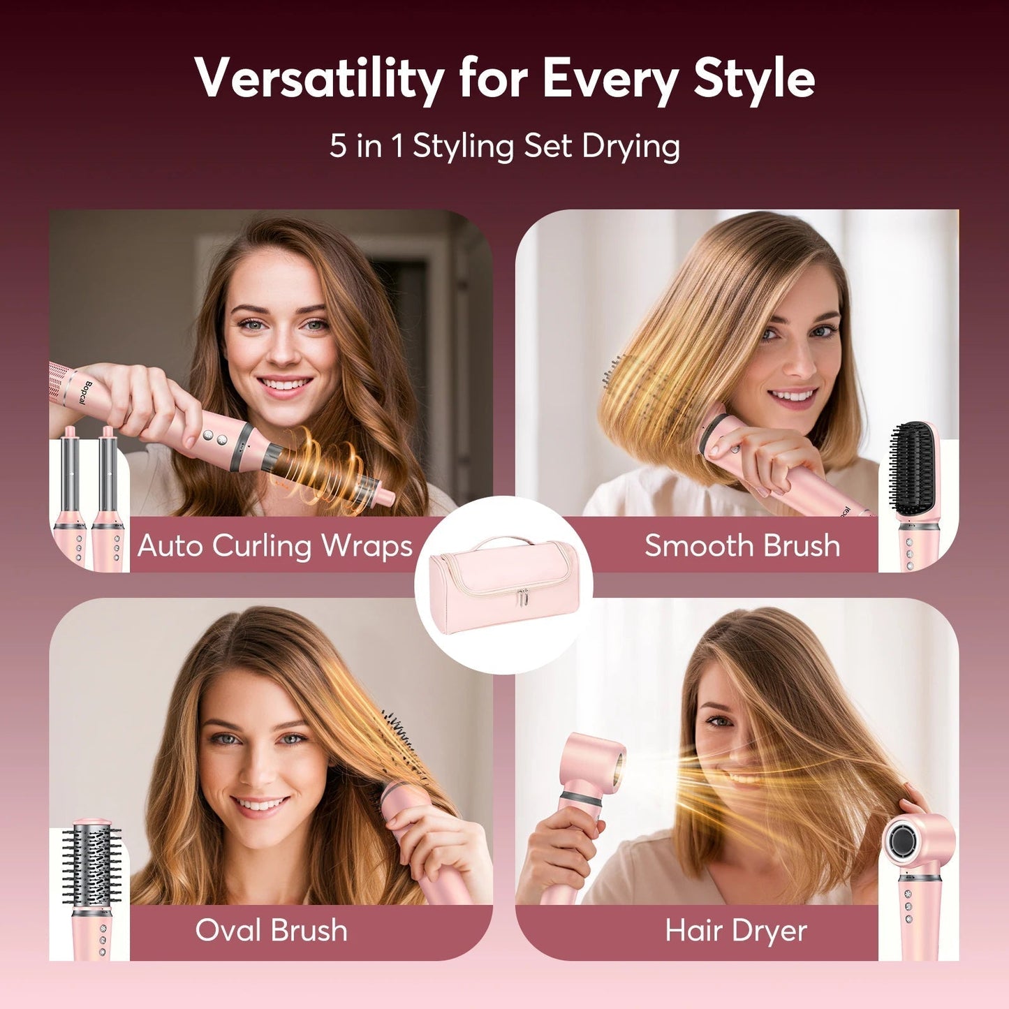 5-in-1 hair styling set with auto curling, smooth brush, oval brush, and hair dryer for versatile styling