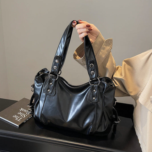Casual Retro Solid Color PU Large Capacity Shoulder Bag