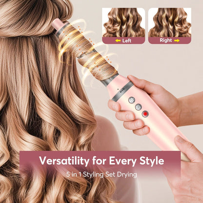 Pink 5-in-1 hair styling tool creating curls with left and right rotation options for versatile styling
