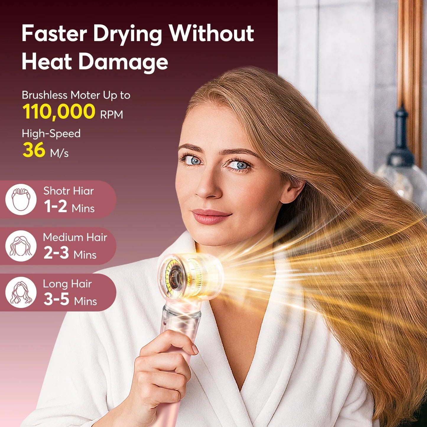 Woman using high-speed hair dryer with brushless motor for faster drying without heat damage
