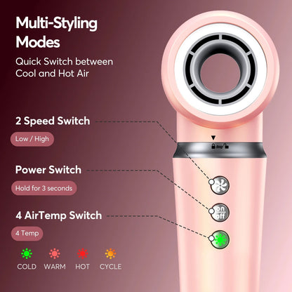 Pink hair dryer with multi-styling modes, 2-speed, 4 air temp settings, and cool/hot air switch