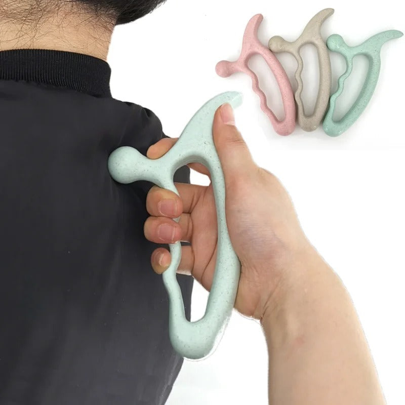 Handheld back massager in mint green, pink, and beige for muscle relief and relaxation