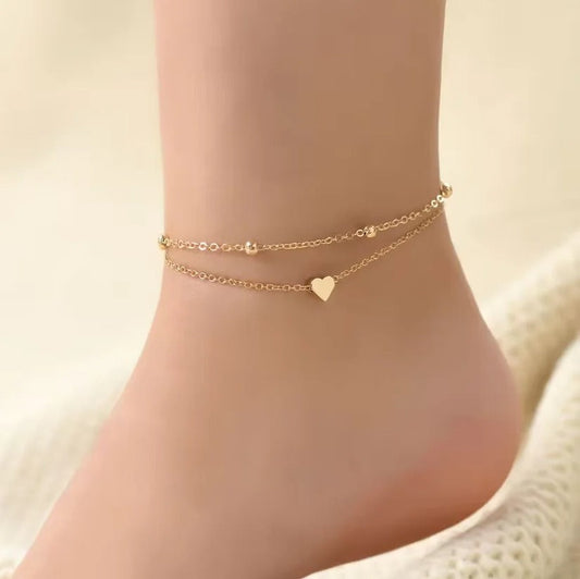 Single-piece women's gold double-layered heart anklet, simple beach foot jewelry