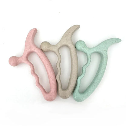 Pastel baby teether set in pink, beige, mint — safe silicone for infant teething relief