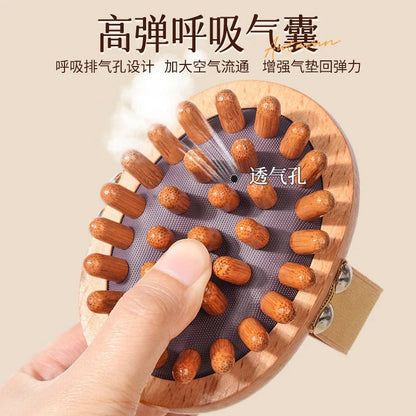 Wooden massage brush with breathable air holes and ergonomic grip for scalp therapy