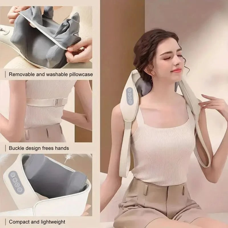Women using portable neck and shoulder massager with removable washable cover, buckle design, lightweight for home relaxation