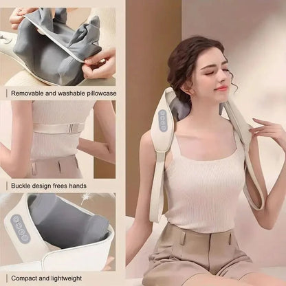 Women using portable neck and shoulder massager with removable washable cover, buckle design, lightweight for home relaxation