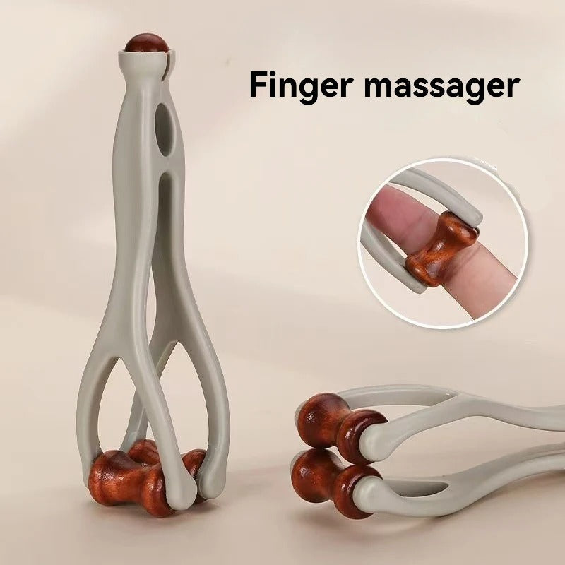 Handheld finger massager with wooden rollers for hand and finger relief, ergonomic design