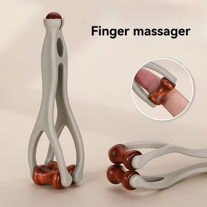 Handheld finger massager with wooden rollers for hand and finger relief, ergonomic design