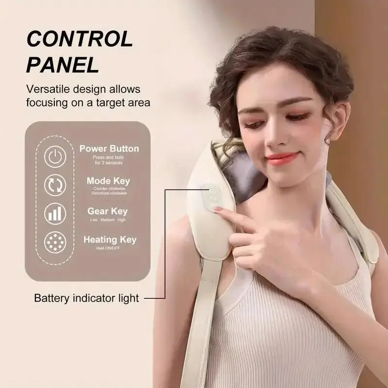 Woman using shoulder massager with control panel, heating and gear settings for targeted relief