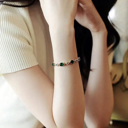 Luxury Green Rhinestone Crystal Bracelet Gold Color Link Chain Bracelets For Women Vintage