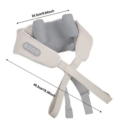 Beige neck and shoulder massager with control panel, 24.5cm x 46.5cm dimensions shown