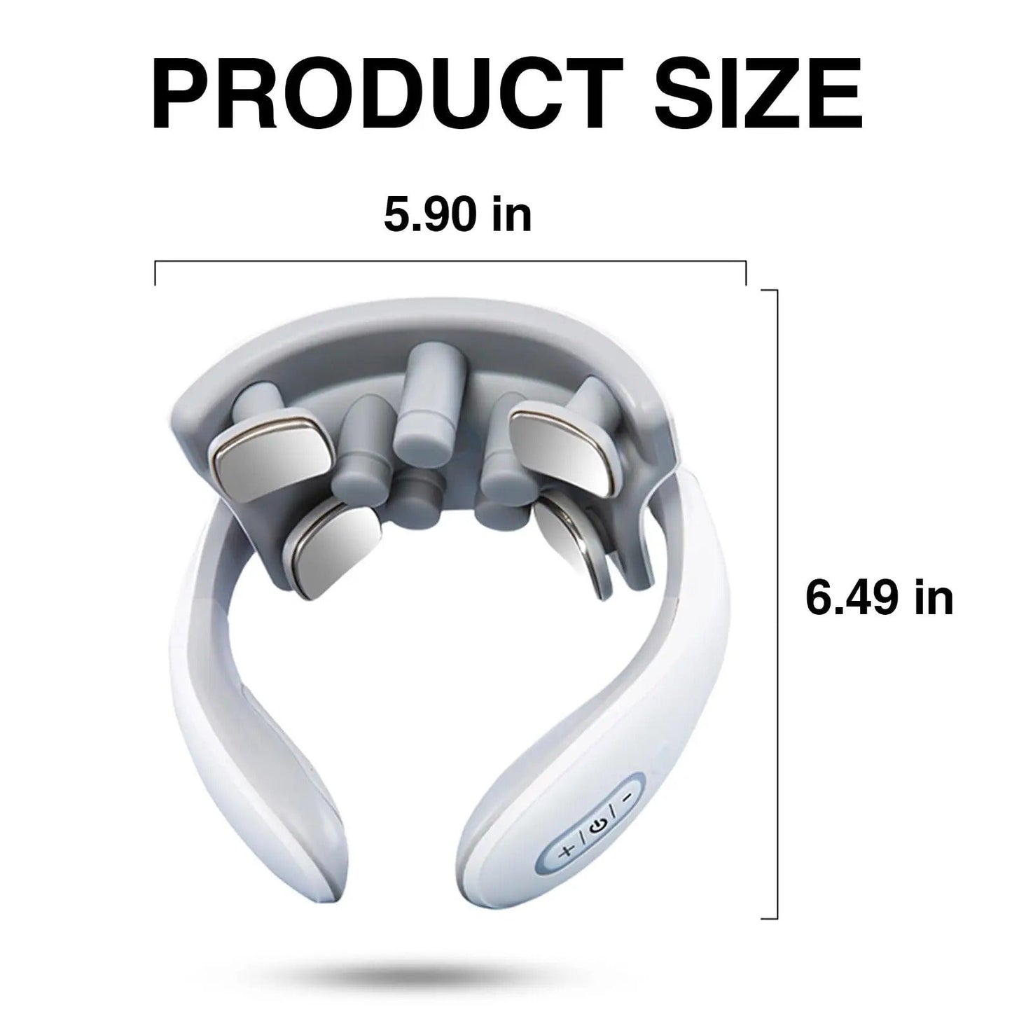 White electric head massager with size dimensions, 5.90 x 6.49 inches, for scalp relaxation and stress relief