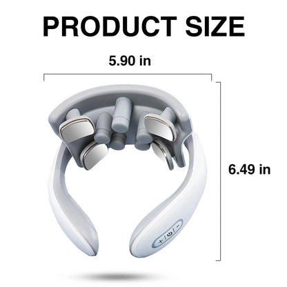 White electric head massager with size dimensions, 5.90 x 6.49 inches, for scalp relaxation and stress relief