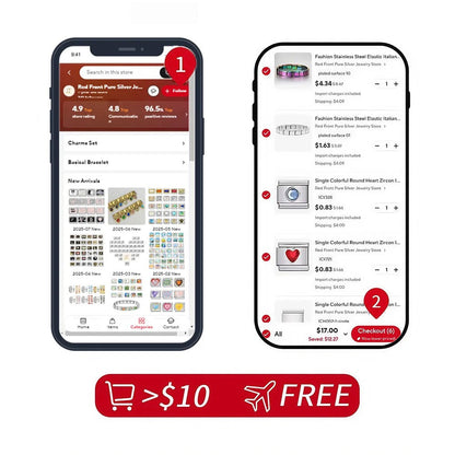 Mobile shopping app displaying jewelry store with cart checkout and free shipping offer