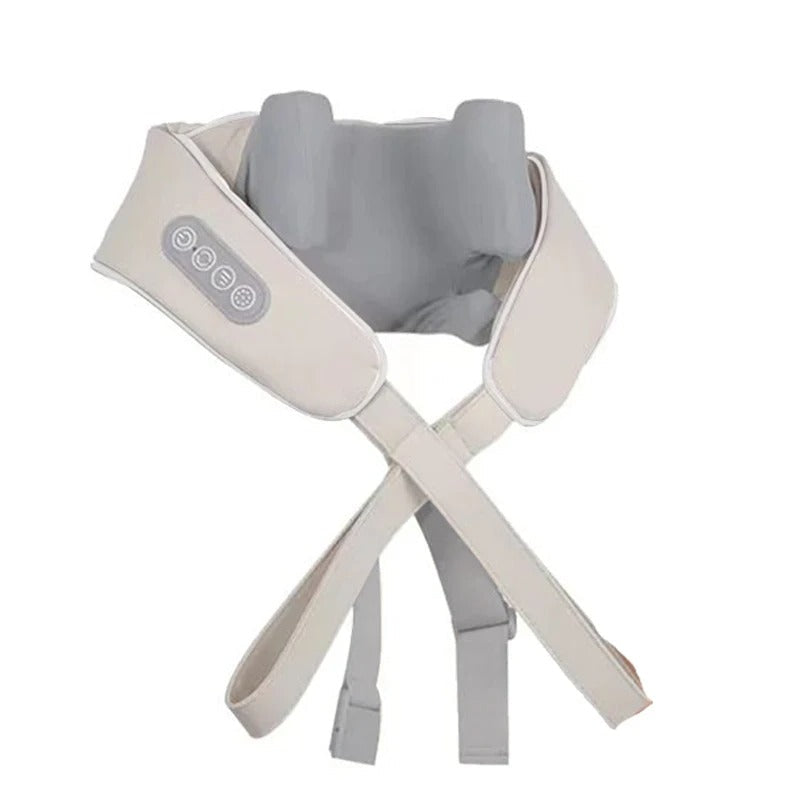 Gray and beige neck and shoulder massager with control panel, adjustable straps for home relaxation